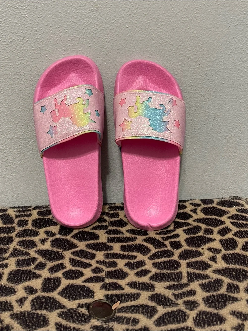 Girls Slip On Unicorn Slides Pink Glitter Kids 1/2